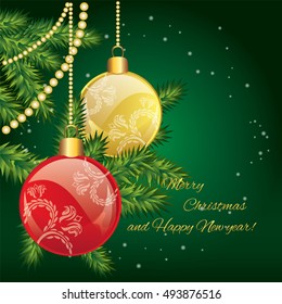 Christmas balls on a tree branch. Vector illustration for a card, poster or print.