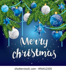 Christmas balls on a tree branch. Vector illustration for a card, poster or print.