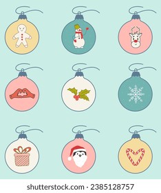  Bolas de Navidad en el árbol. Ilustraciones en estilo doodle. Decoración de árboles de Navidad