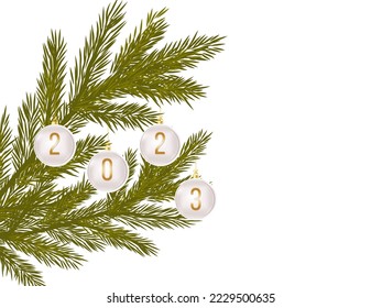 Christmas balls on the Christmas tree with the numbers 2023. Winter holidays. New year postcard. Vector illustration isolated on white
