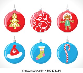 Christmas balls on the Christmas tree of red and blue color with a pattern sock, hats, candy, strips and sand girl