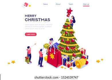 Christmas balls on website winter page to celebrate the eve. Star on fir tree decorated for celebration. Tiny happy friends near a spruce. People happiness, new year or holidays web banner.