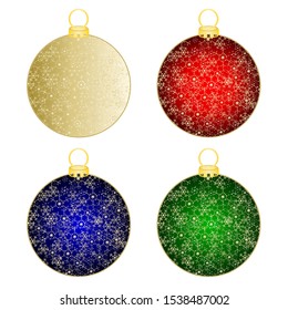 Christmas balls  on white background. Festive xmas decoration gold red blue green  glass christmas balls and glossy snowflakes vintage vector illustration editable hand draw