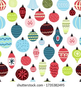 Christmas balls on a white background. Seamless pattern. Flat vector illustration.