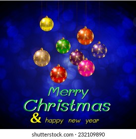 Christmas balls on a winter background with bokeh defocused lights., stars and shiny effect, Happy New Year vector background 