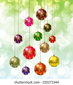 Christmas balls on a winter background with bokeh defocused lights., shiny effect, Happy New Year vector background 