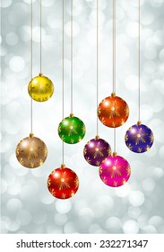 Christmas balls on a winter background with bokeh defocused lights., shiny effect, Happy New Year vector background 