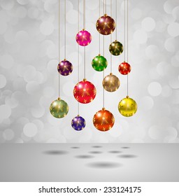 Christmas balls on a winter background with bokeh defocused lights., shiny effect, Happy New Year vector background 