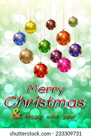 Christmas balls on a winter background with bokeh defocused lights., shiny effect, Happy New Year vector background 