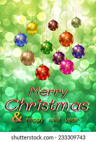 Christmas balls on a winter background with bokeh defocused lights., shiny effect, Happy New Year vector background 