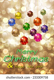Christmas balls on a winter background with bokeh defocused lights., shiny effect, Happy New Year vector background 