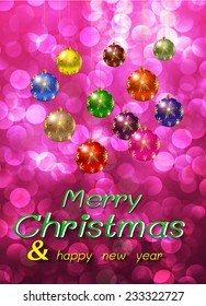 Christmas balls on a winter background with bokeh defocused lights., shiny effect, Happy New Year vector background 