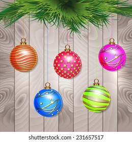 Christmas balls on  wood background.
