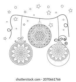 Christmas balls with an ornament on a white background. Coloring book for children and adults. Decorative element for the design of postcards