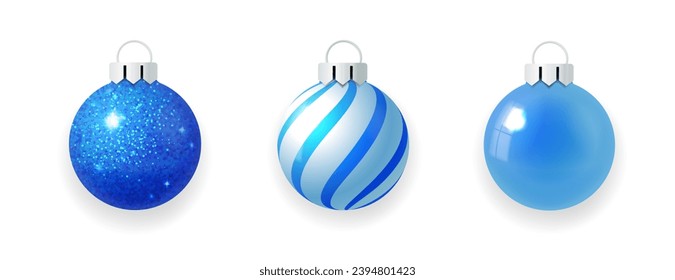 Christmas balls ornament set. Blue glass Christmas decorations. Isolated vector.