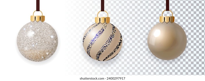 Christmas balls ornament set. Gold glass Christmas decorations, hanging bauble balls. Isolated vector.