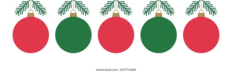 Christmas balls ornaments decoration. Red and green hanging baubles on white background. Vector illustration.