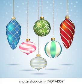 Christmas balls ornaments hanging on gold thread. Vector illustrations.