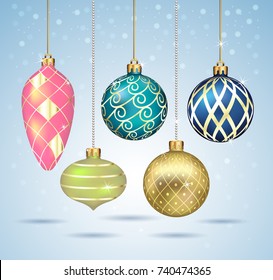 Christmas balls ornaments hanging on gold thread. Vector illustrations.