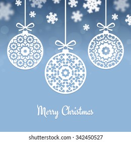 Christmas balls ornaments on blue background, blur snowflakes, vector illustration