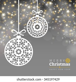 Christmas balls ornaments on silver background, abstract lights, vector illustration