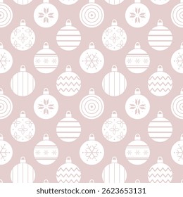 Christmas Balls Ornaments Pattern. Seamless Geometric Print with Christmas Ornament. Paper Cut Stencil. Trendy Flat Style Background. Can be used for Packaging, Cover, Mug. Vector in Pink, White