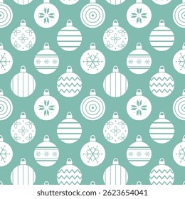 Christmas Balls Ornaments Pattern. Seamless Geometric Print with Christmas Ornament. Paper Cut Stencil. Trendy Flat Style Background. Can be used for Packaging, Cover, Mug. Vector in Green, White