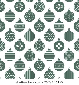 Christmas Balls Ornaments Pattern. Seamless Geometric Print with Christmas Ornament. Stencil. Trendy Flat Style Background. Sample can be used for Packaging, Cover, Mugs. Vector in Green, White