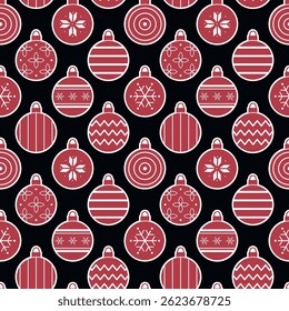 Christmas Balls Ornaments Pattern. Seamless Geometric Print with Christmas Ornament. Trendy Flat Style Background. Sample can be used for Packaging, Cover, Mugs. Vector in Red, White, Black