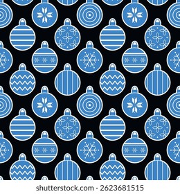 Christmas Balls Ornaments Pattern. Seamless Geometric Print with Christmas Ornament. Trendy Flat Style Background. Sample can be used for Packaging, Cover, Mugs. Vector in Blue, White, Black