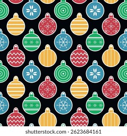 Christmas Balls Ornaments Pattern. Seamless Colorful Geometric Print with Christmas Ornament. Trendy Flat Style Background. Vector in Red, Blue, Green, Yellow, White, Black