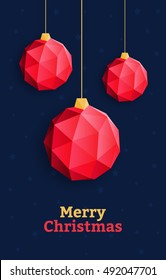 Christmas balls ornaments polygon style on dark blue background, triangle vector illustration