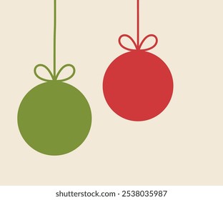 Christmas balls ornaments in red and green color. Christmas card background. Vector illustration.