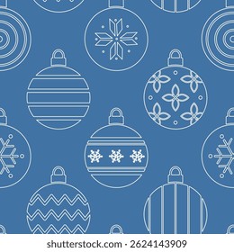 Christmas Balls Ornaments Silhouettes Pattern. Seamless Geometric Print with Christmas Ornament. Trendy Flat Style Background. Vector in Blue, White