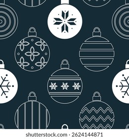 Bolas de Navidad Ornamentos Siluetas Patrón. Impresión geométrica inconsútil con el ornamento de las Navidades. Fondo de estilo plano de moda. Vector en blanco sobre azul oscuro