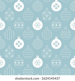 Christmas Balls Ornaments Silhouettes Pattern. Seamless Geometric Print with Christmas Ornament. Trendy Flat Style Background. Vector in White on Light Blue