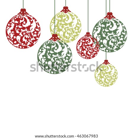 Christmas balls over white background. Floral ornament vector pattern.
