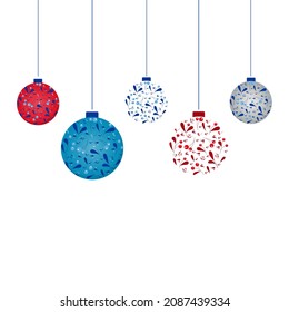 Christmas balls with a pattern of berries and leaves. A red, blue, white ball hangs on a thread. Vector illustration, flat minimal cartoon design isolated on white background, eps 10.