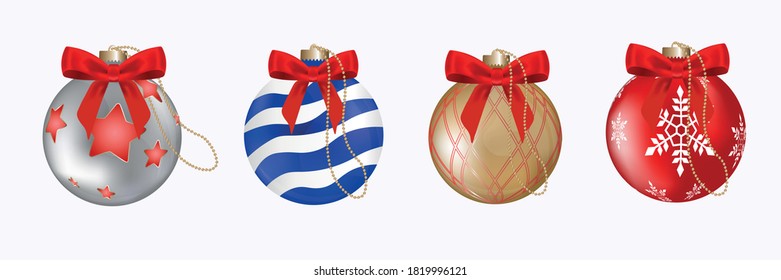 Christmas balls with a pattern and bows on a gold chain, isolated on a white background. Set. Vector illustration.