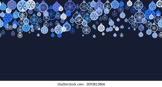 Weihnachtsbälle mit Schneeflocken aus Papier, nahtlos geschnitten. Modernes Flachdesign. Horizontales Feiertagsbild. Winter unendlicher Hintergrund. Blaue Schneeflocken Bälle auf dunklem Hintergrund. Vektorgrafik
