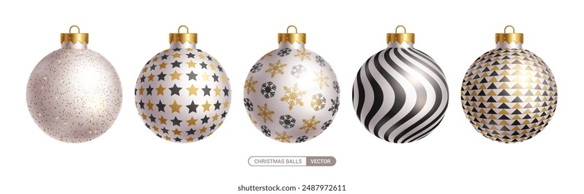 Christmas balls pattern vector set design. Christmas ball with elegant glitter, stars, snowflakes, curve and triangle pattern in round shape xmas ornaments collection. Vector illustration bauble 