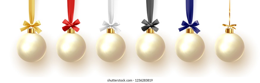 Christmas balls pearl color,  hanging ribbon bow. Xmas decoration  isolated on white background.
