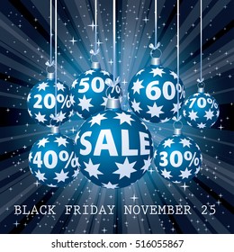 Christmas balls with percent numbers, blue vector background for Christmas sales