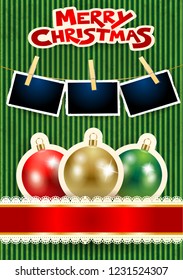 Christmas balls, photo frames and text on cardboard background. Vector illustration eps10