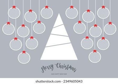 Christmas balls for photos and the tree. Holiday composition with 18 round  Photo frames templates. Mockup on gray background. Winter holiday banner, poster, postcard, collage, album. Vector EPS10.