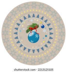 Christmas balls with pine branch, stars, snowflakes, bells on round frame with christmas elements, mandala style. Vector illustration.