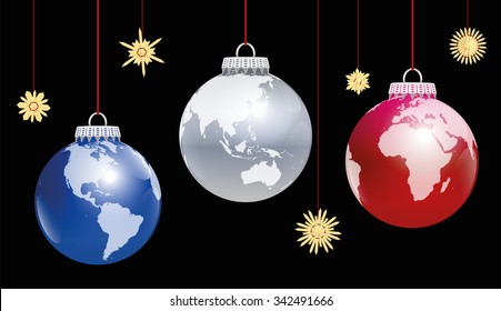Christmas balls planet earth - three different angles of view. Three-dimensional illustration on black background.