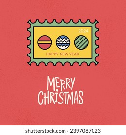 Christmas Balls Postal Stamp. Vector Illustration of Seasonal Postcard. Frame for Celebrative Art.