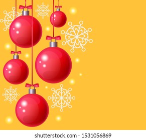 Christmas balls postcard banner graphic text place concept. Merry Christmas and Happy New Year congratulations illustration