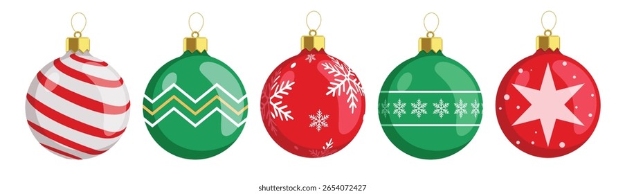 Bolas de Natal impressas e conjunto de clipart padrão. Verde e vermelho xmas bola decoração elementos clip art com espiral, curva, flocos de neve e estrela coleção de design gráfico para vetor de temporada de férias 